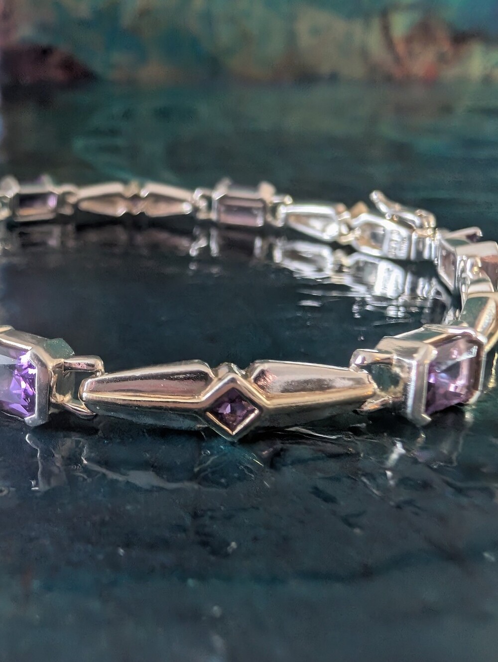 Art Deco Style Sterling Silver Amethyst Tennis Bracelet With Gold Accents - Picture 8 of 16